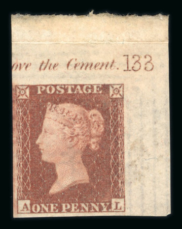 Stamp of Great Britain » 1841 1d Red 1841 1d Red brown pl.133 AL top right hand corner marginal imperforate imprimatur