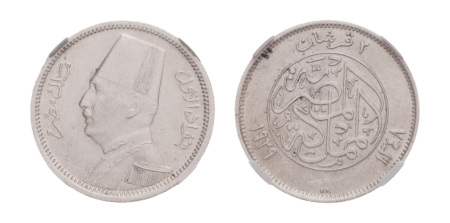 Egypt, AH1348, 1929, Fuad I, 2 piastres, Ag 2.8 g.