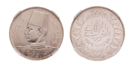 Egypt, AH 1358, 1939, Fuad I, 5 piastres, Ag 6.99 g.