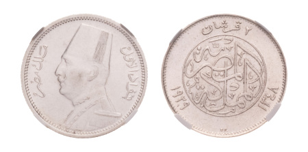 Egypt, AH 1348, 1929, Fuad I, 2 piastres, Ag 2.8 g.