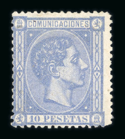 Stamp of Spain 1875, Alphonso XII 10 Pesetas blue mint without gum,