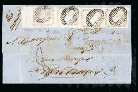 Stamp of Mauritius » 1848-59 Post Paid Issue 1848-59 Post Paid 1d red on greyish top marginal vertical strip of four on cover to France