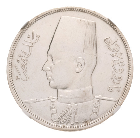 Egypt, 1916-1939, 7 cleaned silver coins in NGC holders. 