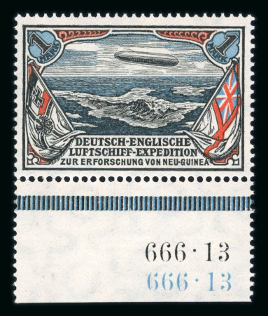 Stamp of Germany » German Colonies » New Guinea 1913, Deutsch-Englische Luftschiffexpedition: 1 Mark, Unterrandstück mit HAN "666.13" in schwarz und hellblau