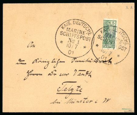 Stamp of Germany » German Empire 1901 Vineta provisional bisect (right side) on wrapper with first day of usage 10.7.01 Marine Schiffspost No.1 cancel