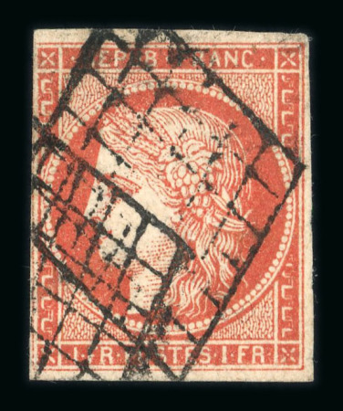 Stamp of France » Type Cérès de 1849-1850 1849, 1f vermillon YT n° 7a oblitéré, superbe qualité standard, file