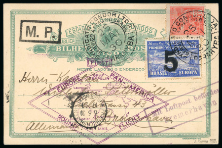Stamp of Brazil » Airmails The Rarest Zeppelin Stamp in Existence: Brazil 1930 Parahyba Provisional "5" handstamp on 20.000r Zeppelin stamp on 1930 (May 25) postcard