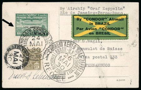 Stamp of Brazil » Airmails 1930 5000r green Zeppelin showing interesting variety missing the upper part of the overprint, on 1930 (May 25) postcard from Rio de Janeiro