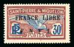 Stamp of Colonies françaises » St. Pierre et Miquelon 1941, 30cts grenat et bleu Y&T n° 233 avec surcharge
