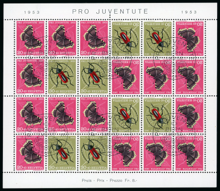 Stamp of Switzerland / Schweiz » Pro Juventute 1953, Pro Juventute Kehrdruckbogen entwertet mit Ersttagstempel