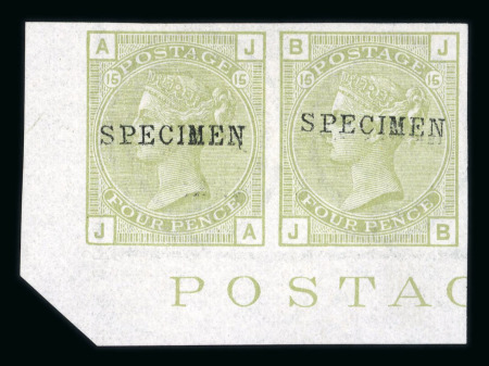 Stamp of Great Britain » 1855-1900 Surface Printed » 1873-80 Large Coloured Corner Letters 1877 4d. sage green, JA-JB, Pl 15, imperf pair from