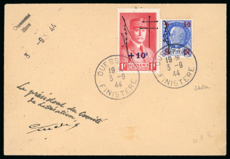 Stamp of France » Libération OUESSANT (Finistère) : PIÈCE UNIQUE mentionnée dans le catalogue Mayer : lettre avec surcharge 3 lignes contresignée du Président du Comité de la Libération Sudre