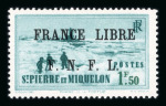 Stamp of Colonies françaises » St. Pierre et Miquelon 1941, 1f50 bleu-vert surchargé "France Libre" neuf