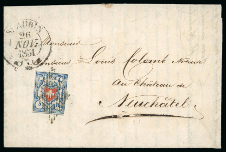 Stamp of Switzerland / Schweiz » Rayonmarken » Rayon I, hellblau, ohne KE (STEIN B1) 1851, Rayon I hellblau, Type 14 des Steins B1-LO, auf Brief