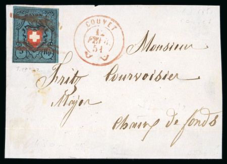 Stamp of Switzerland / Schweiz » Rayonmarken » Rayon I, dunkelblau ohne Kreuzeinfassung 1851, Rayon I dunkelblau ohne Kreuzeinfassung, auf Briefvorderseite