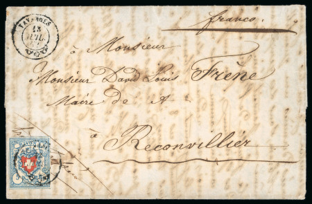 Stamp of Switzerland / Schweiz » Rayonmarken » Rayon I, hellblau, ohne KE (STEIN C2) 1854, Rayon I hellblau, Type 35 des Steins C2-LO, auf Faltbrief 