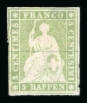 Stamp of Switzerland / Schweiz » Sitzende Helvetia Ungezähnt » Probedruck - Farbproben 1852, 2. Münchner Farbenprobe, 5 Rp. grünlicholiv