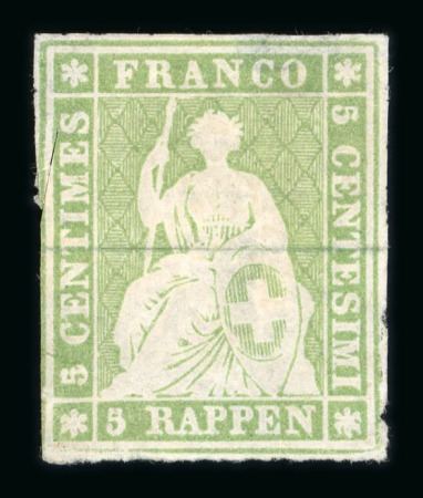 Stamp of Switzerland / Schweiz » Sitzende Helvetia Ungezähnt » Probedruck - Farbproben 1852, 2. Münchner Farbenprobe, 5 Rp. grünlicholiv