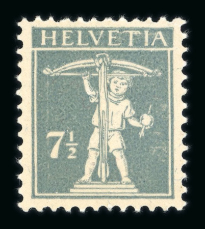Stamp of Switzerland / Schweiz » Schweiz ab 1907 1918, Tellknabe 7.5 Rp. grau, Type II, mit Druck auf der gummierten Rückseite des Papiers