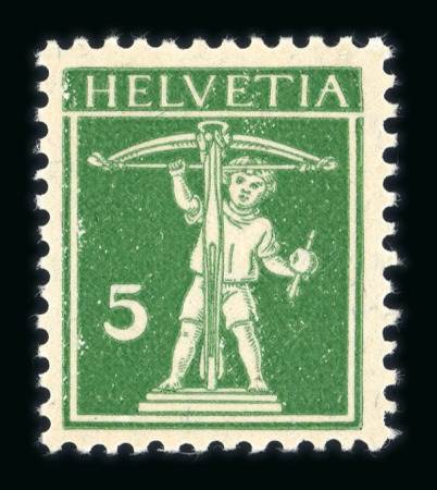 Stamp of Switzerland / Schweiz » Schweiz ab 1907 1911, Tellknabe 5 Rp.  grün, Type III, mit Druck auf der gummierten Rückseite des Papiers