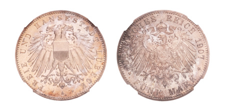 Germany, Lübeck, 1907 5 Mark, Proof (Polierte Platte),