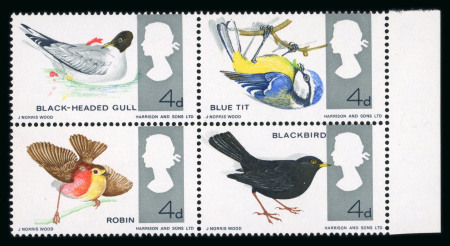 Stamp of Great Britain » Queen Elizabeth II 1966 British Birds 4d group of colour shifts on five mint n.h. se-tennant blocks of four