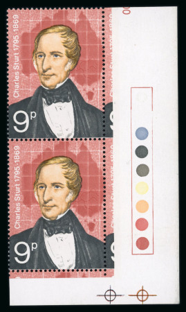 Stamp of Great Britain » Queen Elizabeth II 1973 Explorers 9p Charles Sturt mint n.h. with gold omitted in lower right traffic light corner vertical pair