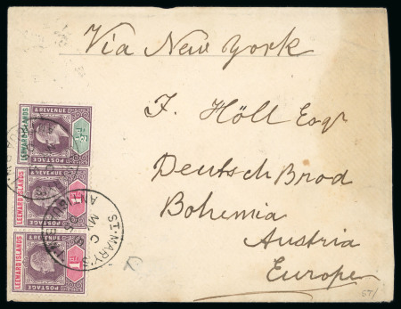 Stamp of Leeward Islands 1905 (May 5) envelope to Austria with 1902 wmk Crown CA 1/2d and 1d pair tied by "ST. MARY'S / ATINGUA B.W.I." cds