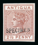 Stamp of Antigua & Barbuda 1879 wmk CC 2 1/2d red-brown imperf. proof with "SPECIMEN" type D8 overprint, mint