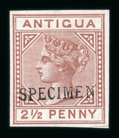 Stamp of Antigua & Barbuda 1879 wmk CC 2 1/2d red-brown imperf. proof with "SPECIMEN" type D8 overprint, mint