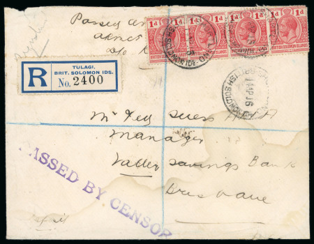 Stamp of British Solomon Islands 1916 (Apr 4) envelope endorsed at top "Passed censor / AKMCS / D/O Kieta", sent registered to a bank in Australia