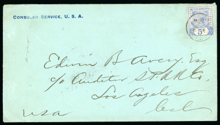 Stamp of British Honduras 1899 "BEVENUE" for "REVENUE" variety on 5c blue on  1899 (Sep 29) US Consular Service envelope to the USA