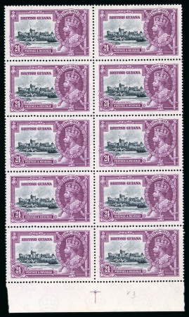 Stamp of British Guiana 1935 Silver Jubilee 24c mint n.h. lower marginal block of 10 with lower right stamp showing "dot by flagstaff" variety