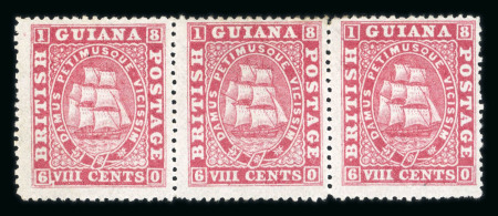 Stamp of British Guiana 1875-76 8c deep rose perf.15 mint strip of three