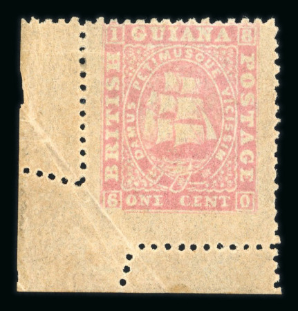 Stamp of British Guiana 1860-63 1c pale rose mint lower left corner marginal showing perforation variety 