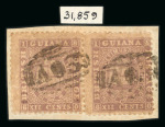 Stamp of British Guiana 1863 12c brown-lilac pair on small piece tied by "A03" barred ovals of Berbice
