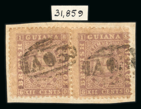 Stamp of British Guiana 1863 12c brown-lilac pair on small piece tied by "A03" barred ovals of Berbice