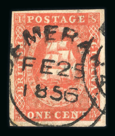 Stamp of British Guiana 1853 1c vermilion (original printing) used with fine to very good margins