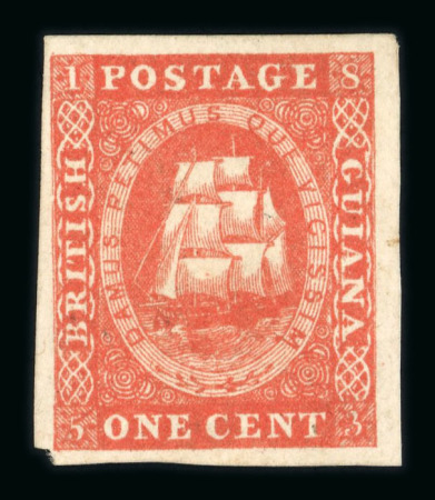 Stamp of British Guiana 1853 1c vermilion (original printing) unused, with