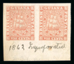 Stamp of British Guiana 1862-65 8c pink imperf. proof in lower marginal pair, original gum