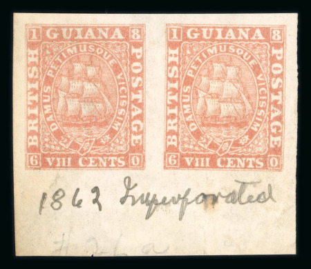 Stamp of British Guiana 1862-65 8c pink imperf. proof in lower marginal pair, original gum