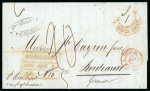Stamp of India » Foreign Settlements in India » French Indian Settlements 1850 (Apr 20) entire from Pondicherry to France with very good strike of the "PONDICHERY / Paid" boxed ds plus Mauritius cover