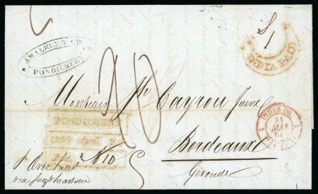 Stamp of India » Foreign Settlements in India » French Indian Settlements 1850 (Apr 20) entire from Pondicherry to France with very good strike of the "PONDICHERY / Paid" boxed ds plus Mauritius cover