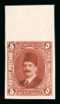 Stamp of Egypt » 1922-1936 King Fouad I Definitives » Essays Harisson & Sons essays group of four, incl. 1922 15m "floral garlands" in black mint n.h. (NP E204b), 5m red-brown wmk pointing right (no gum) and no wmk mint n.h. (vert. crease) (NP E227, 227a) and 50m brown, a useful g