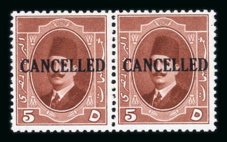 Stamp of Egypt » 1922-1936 King Fouad I Definitives » Issued Stamps 1923-24 First Portrait Issue 5m with "CANCELLED" overprint in mint n.h. horizontal pair