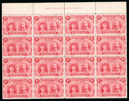 Stamp of Rhodesia 1910-13 1d bright carmine pl. B perforation 14 in upper marginal block of 16