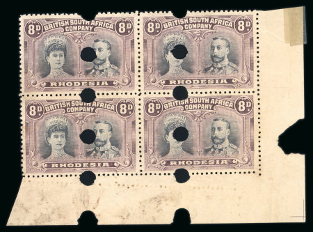 Stamp of Rhodesia 1910-13 Printer's File Stamps 8d grey-black and purple perforation 13 1/2 (printing 2) in lower right corner marginal block of four with security punch holes