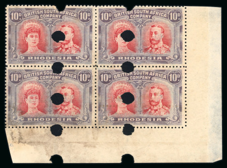 Stamp of Rhodesia 1910-13 Printer's File Stamps 10d scarlet and reddish mauve (printing 1) in lower left corner marginal block of four with security punch holes