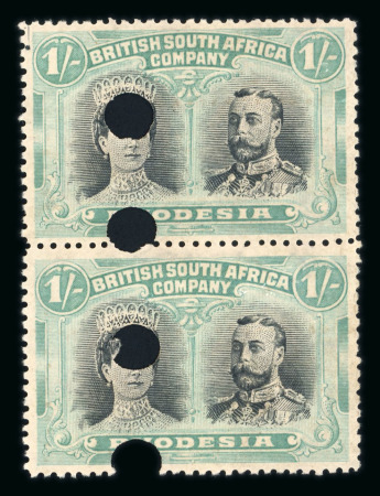 Stamp of Rhodesia 1910-13 Printer's File Stamps 1s black and pale blue-green (printing 2) in vertical pair with four security punch holes