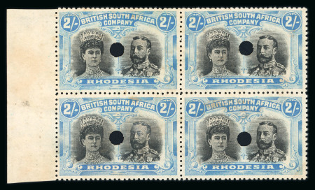Stamp of Rhodesia 1910-13 Printer's File Stamps 2s black and dull blue (printing 9) in marginal block of four with security punch holes